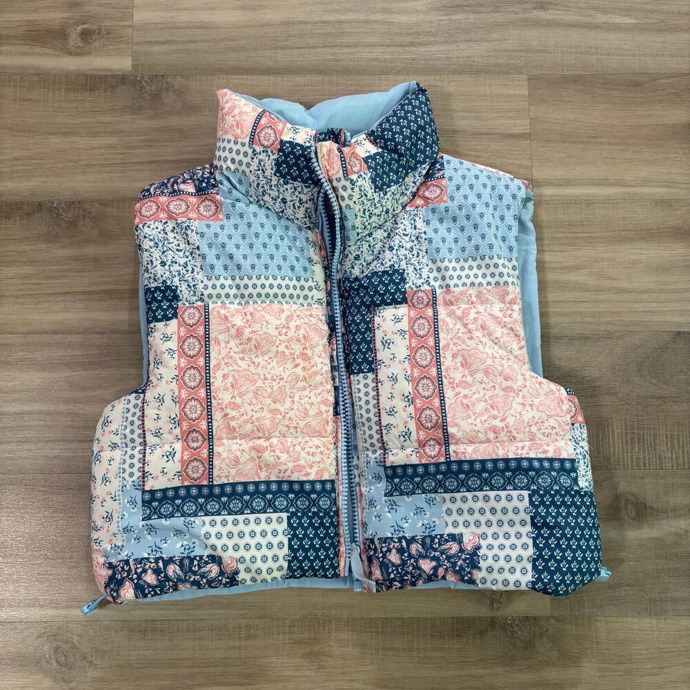 Altar'd State Pink Blue Patchwork Puffer Vest Women Size Small